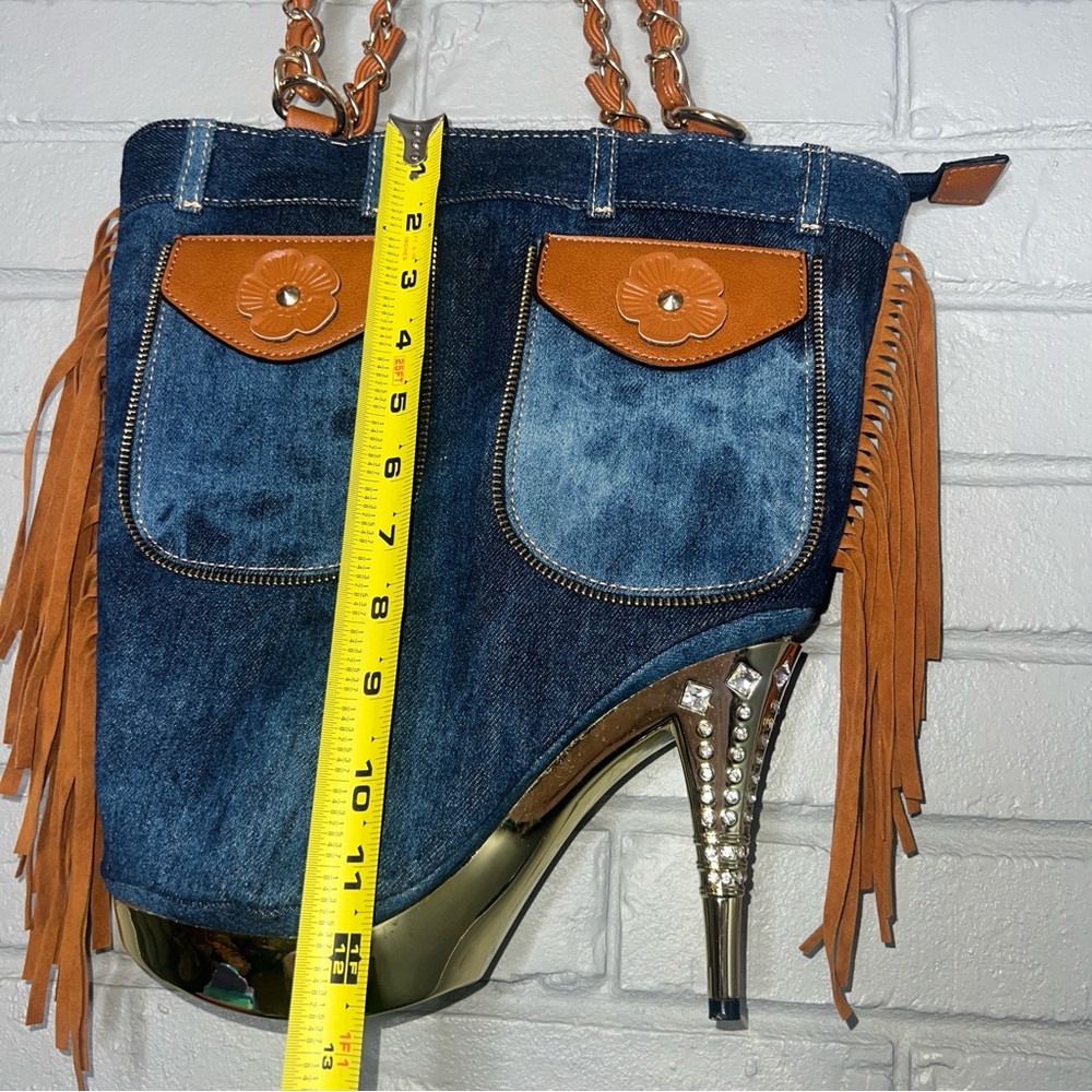 Denim & Fringe Stiletto Heel with Rhinestones Women's Handbag - Picture 14 of 16